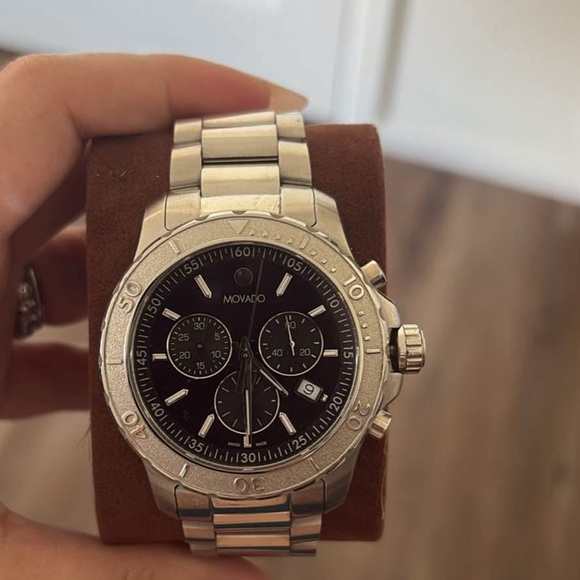 Movado Black Dial Silver Band Watch